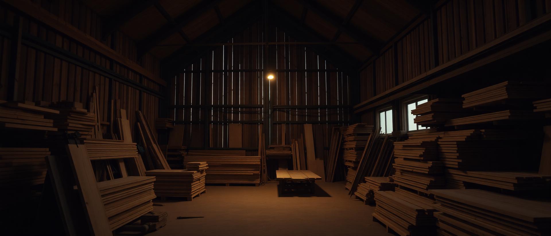 Interior del taller con tablones de madera apilados