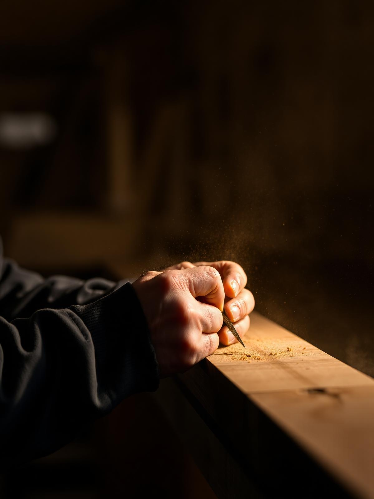 Manos trabajando una junta de madera en el taller